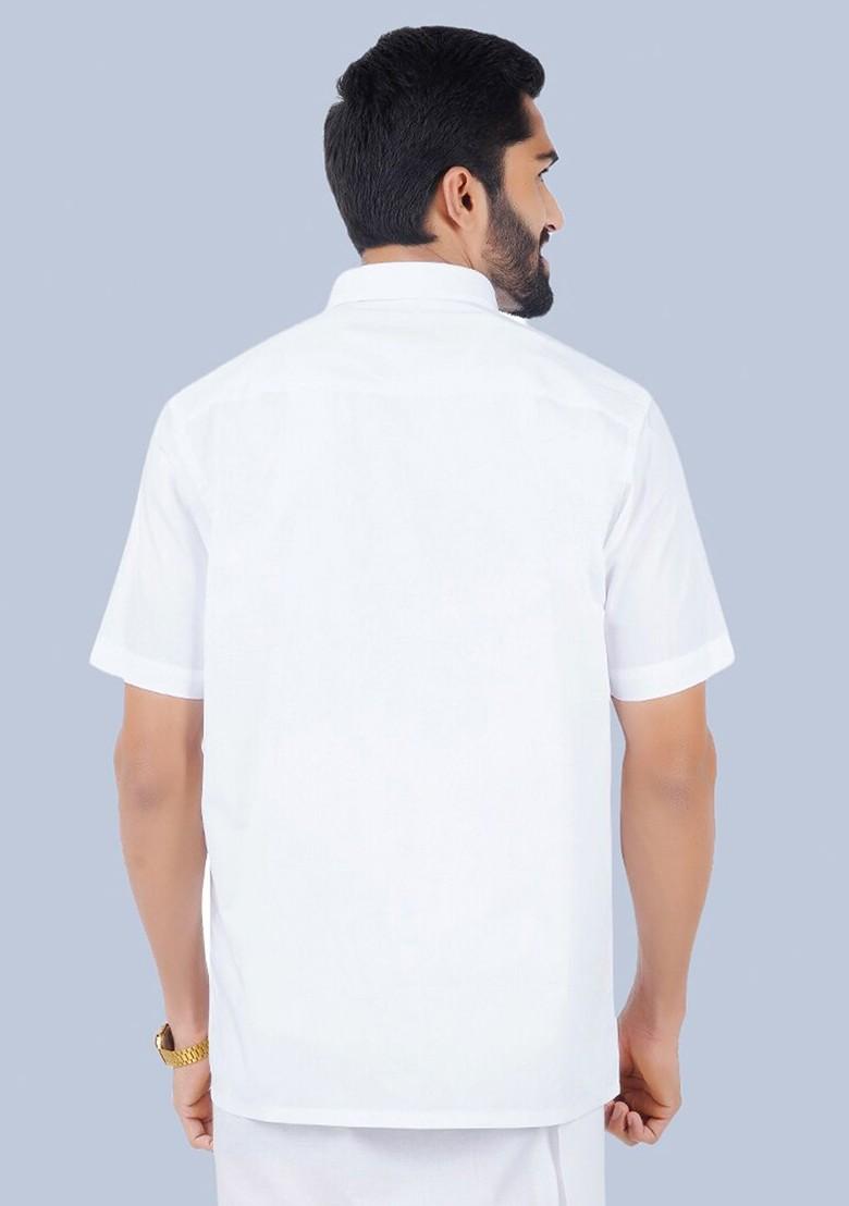 White Short Sleeves Shirt With Golden Jari Dhoti For Men - Indya