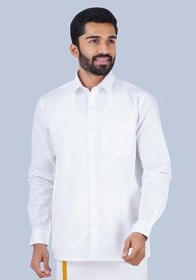 White Long Sleeves Shirt With Golden Jari Dhoti For Men