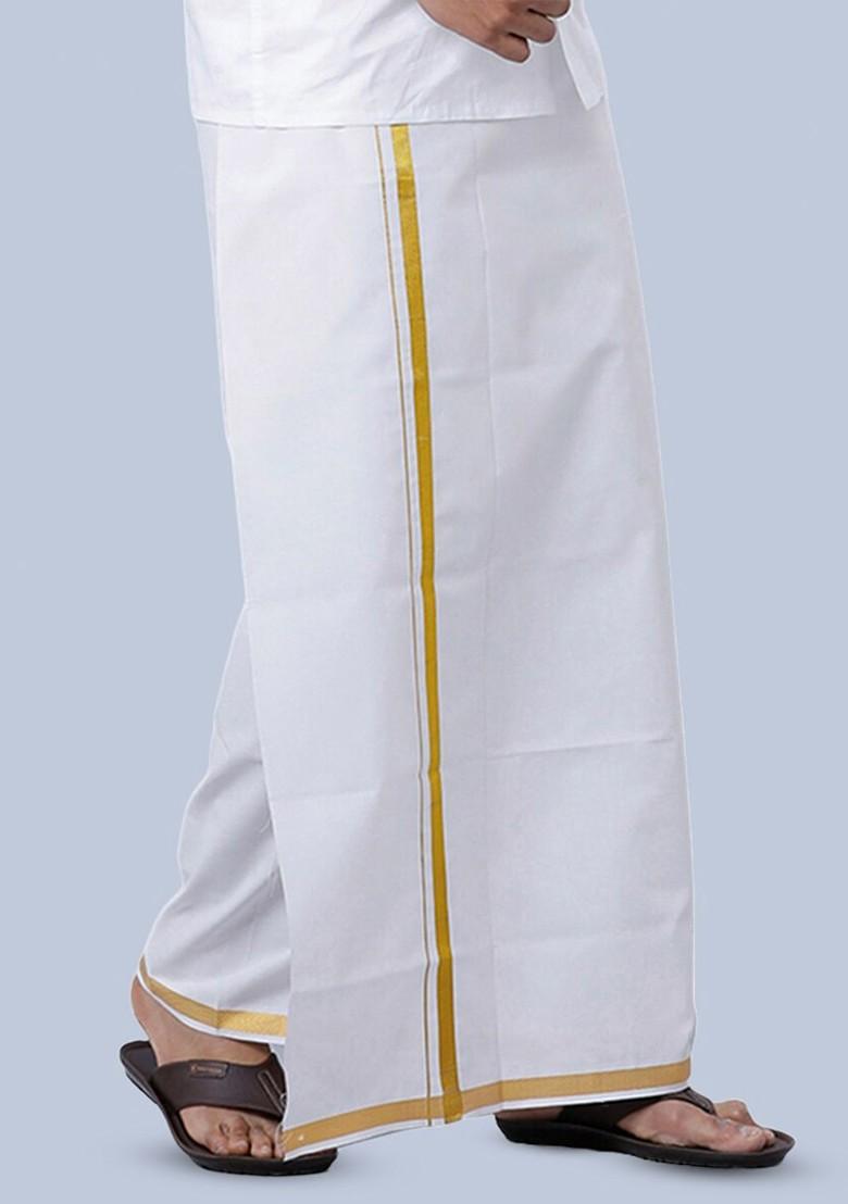 White Long Sleeves Shirt With Golden Jari Dhoti For Men - Indya