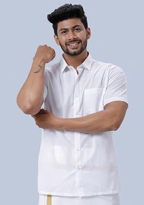 White Short Sleeves Pure Cotton Shirt With Golden Jari Dhoti For Men
