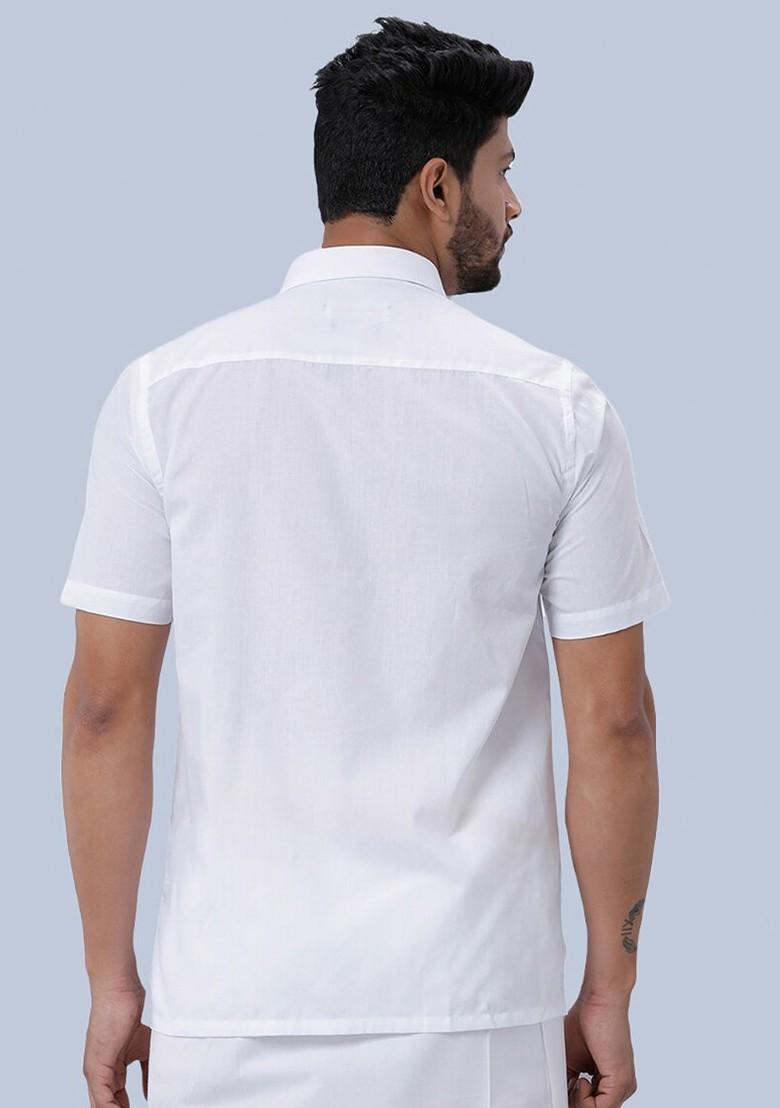 White Short Sleeves Pure Cotton Shirt With Golden Jari Dhoti For Men - Indya