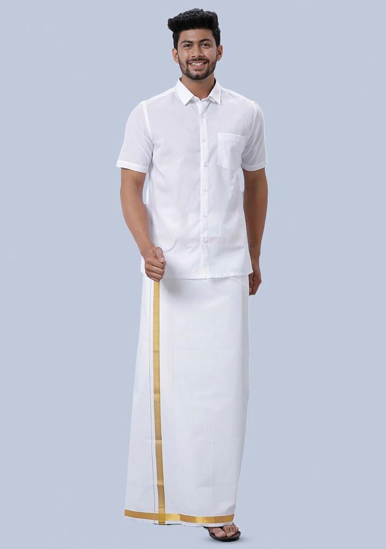 White Short Sleeves Pure Cotton Shirt With Golden Jari Dhoti For Men - Indya