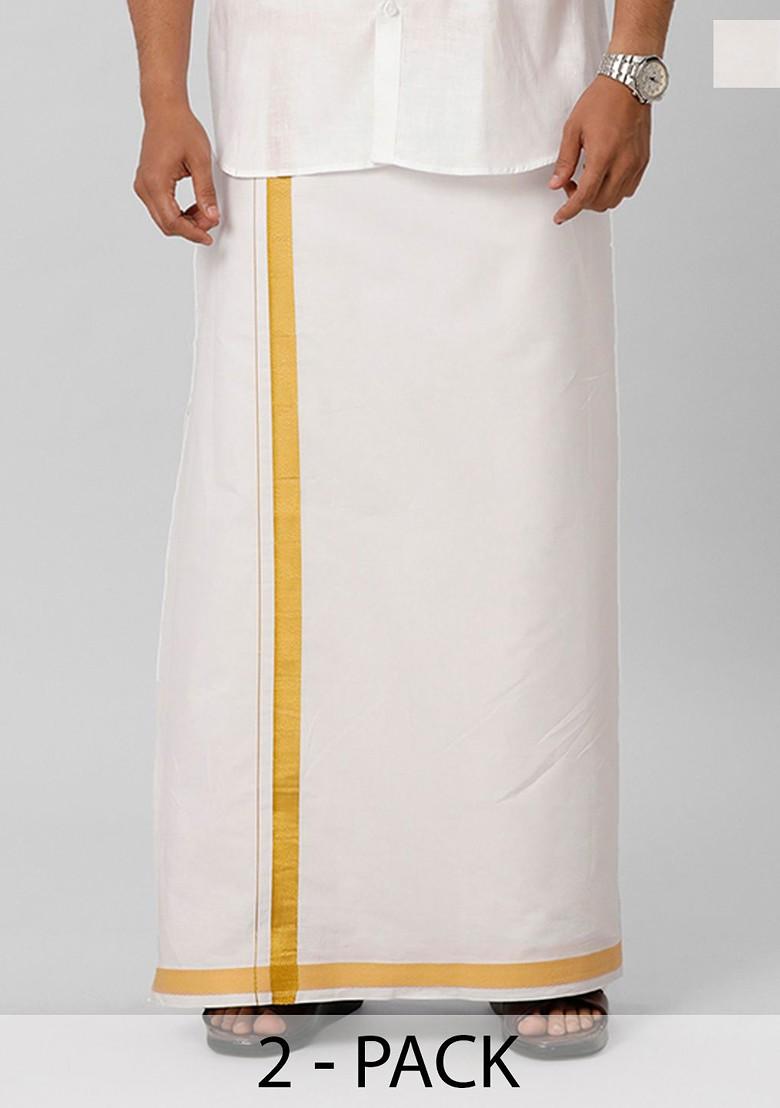 White Cotton Pack Of 2 White Solid Gold Jari Border Single Layer Dhoti For Men