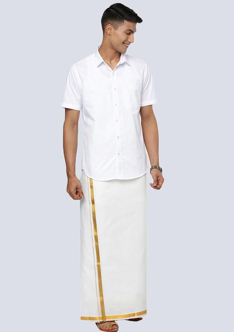 White Cotton Pack Of 2 White Solid Gold Jari Border Single Layer Dhoti For Men