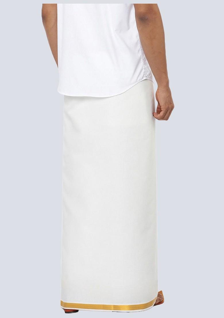 White Cotton Pack Of 2 White Solid Gold Jari Border Single Layer Dhoti For Men