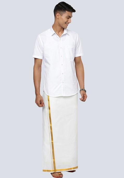 White Cotton Pack Of 2 White Solid Gold Jari Border Single Layer Dhoti For Men