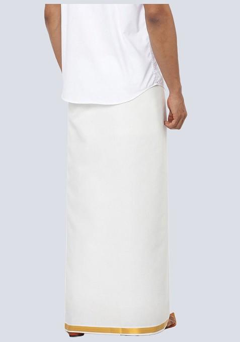 White Cotton Pack Of 2 White Solid Gold Jari Border Single Layer Dhoti For Men