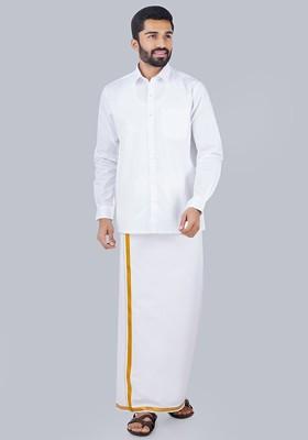 White Long Sleeves Shirt With Golden Jari Dhoti For Men