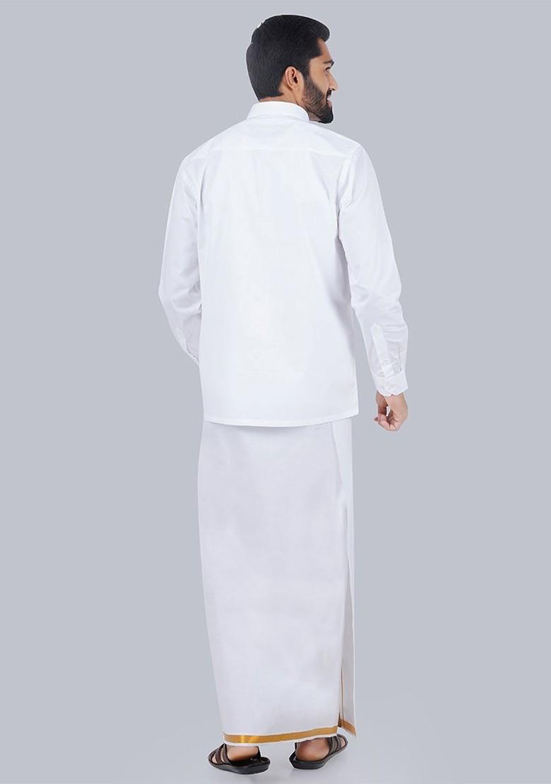 White Long Sleeves Shirt With Golden Jari Dhoti For Men - Indya
