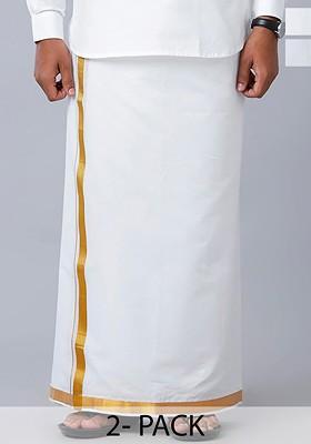 White Pack Of 2 Pure Cotton Dhotis With Zari Border For Men