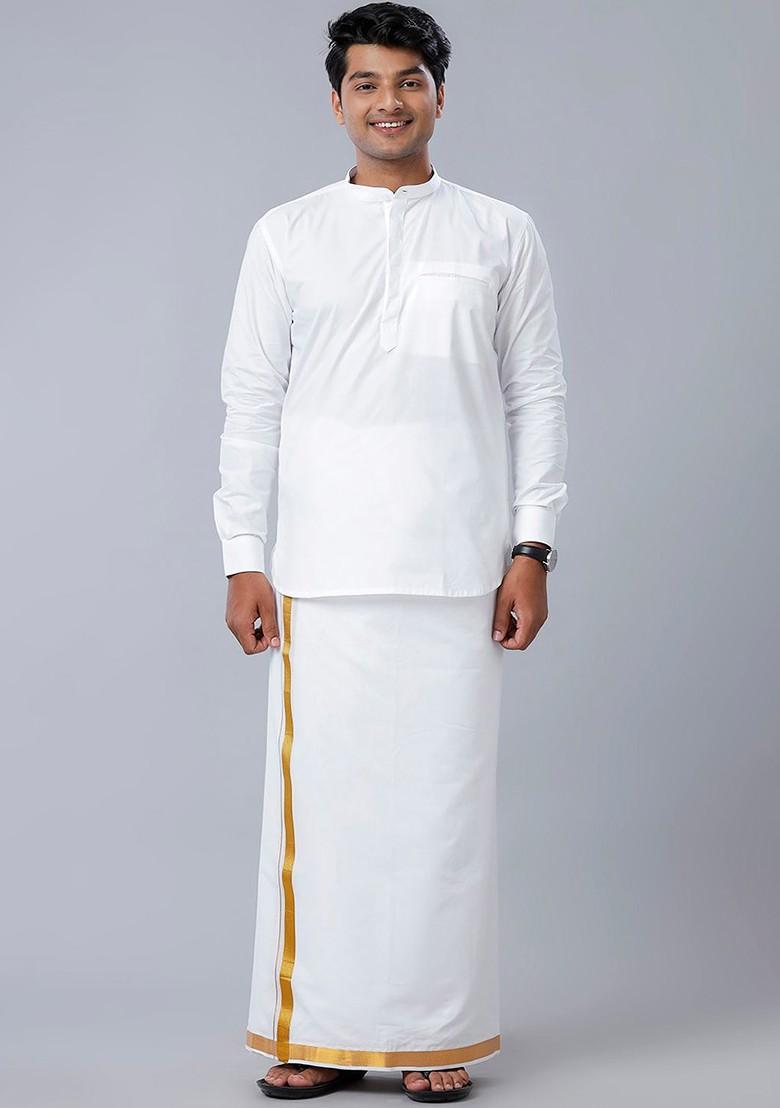 White Pack Of 2 Pure Cotton Dhotis With Zari Border For Men - Indya