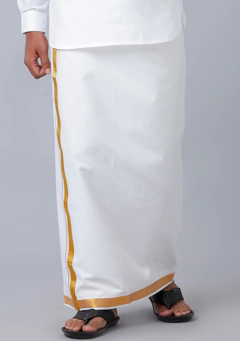 White Pack Of 2 Pure Cotton Dhotis With Zari Border For Men - Indya
