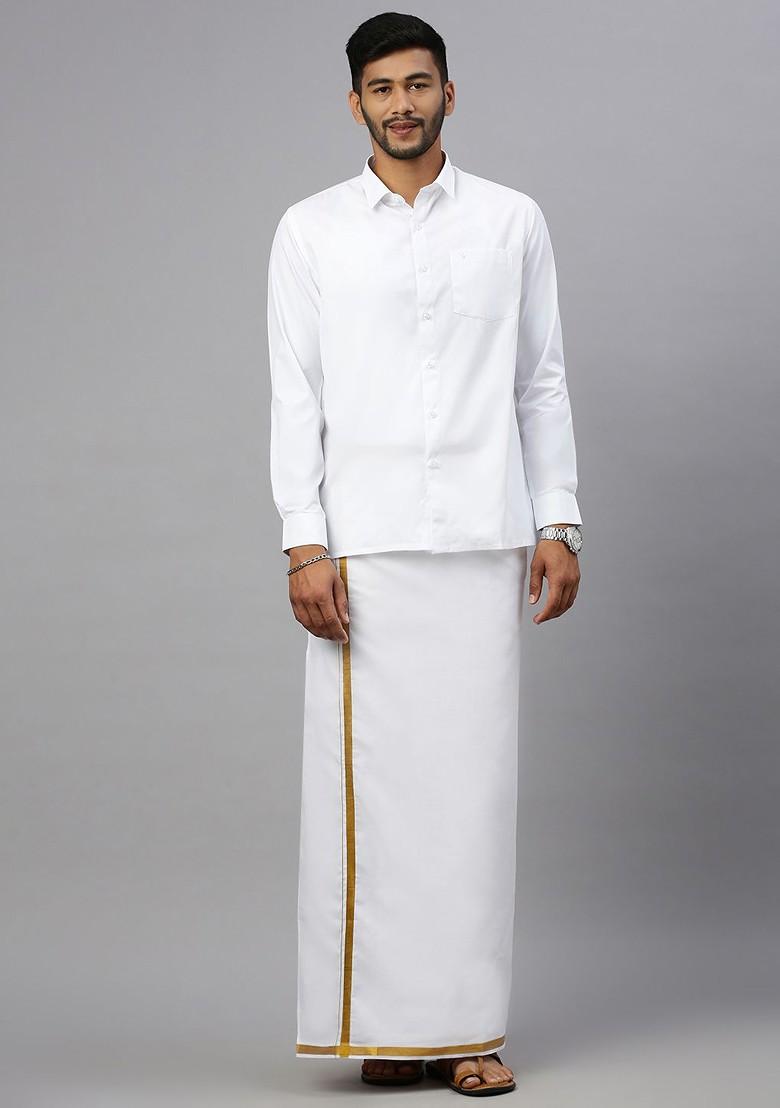 White Pack Of 2 Cotton White Solid Gold Jari Border Single Layer Dhoti For Men