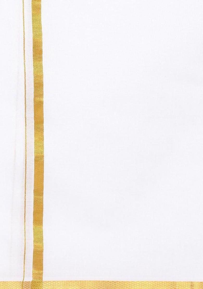 White Pack Of 2 Cotton White Solid Gold Jari Border Single Layer Dhoti For Men