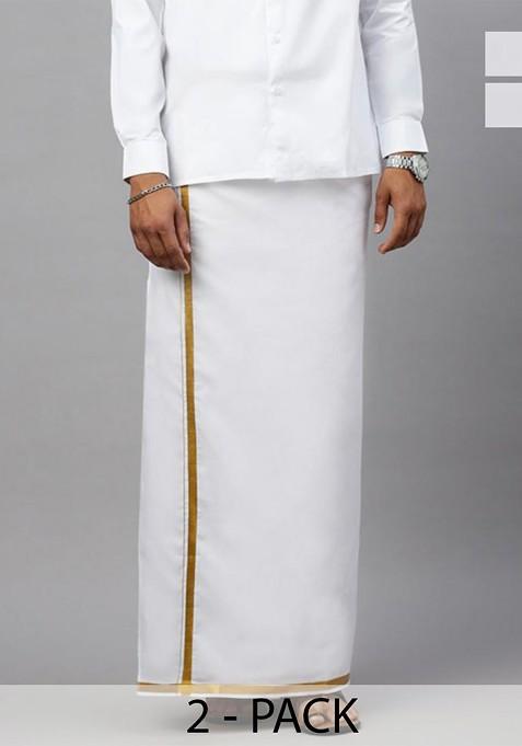 White Pack Of 2 Cotton White Solid Gold Jari Border Single Layer Dhoti For Men