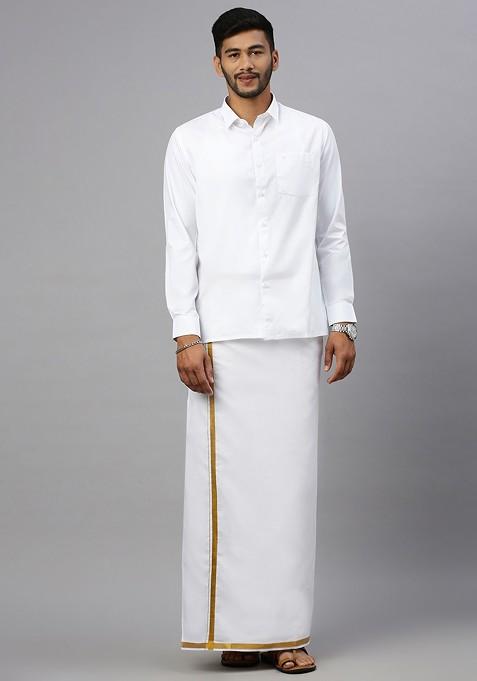 White Pack Of 2 Cotton White Solid Gold Jari Border Single Layer Dhoti For Men