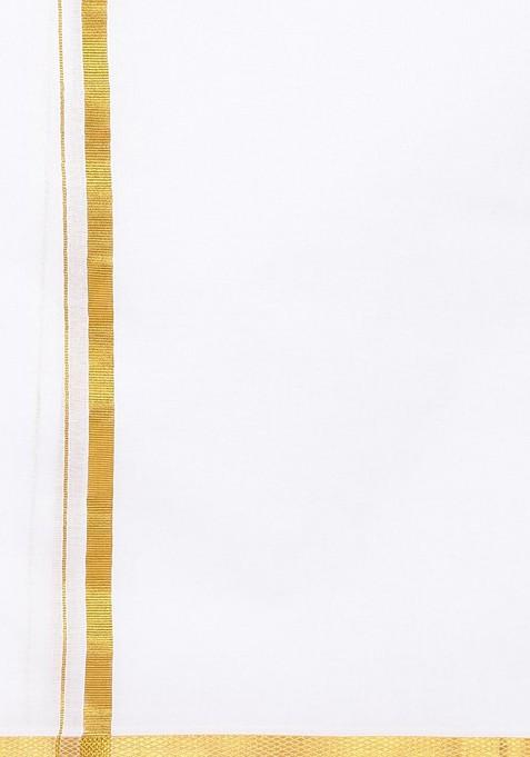 White Pack Of 2 Cotton White Solid Gold Jari Border Single Layer Dhoti For Men