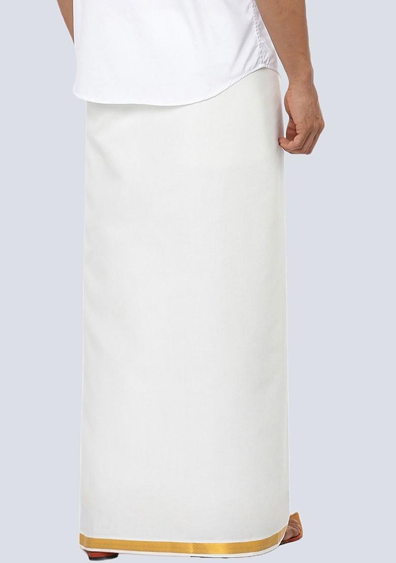 White Pack Of 2 Cotton White Solid Gold Zari Border Single Layer Dhoti For Men - Indya