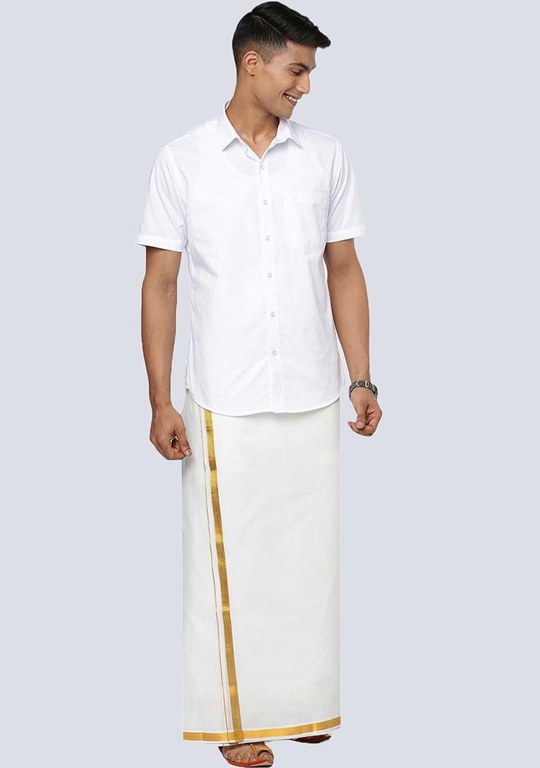 White Pack Of 2 Cotton White Solid Gold Zari Border Single Layer Dhoti For Men