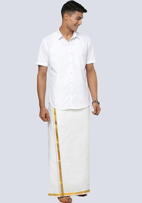 White Pack Of 2 Cotton White Solid Gold Zari Border Single Layer Dhoti For Men