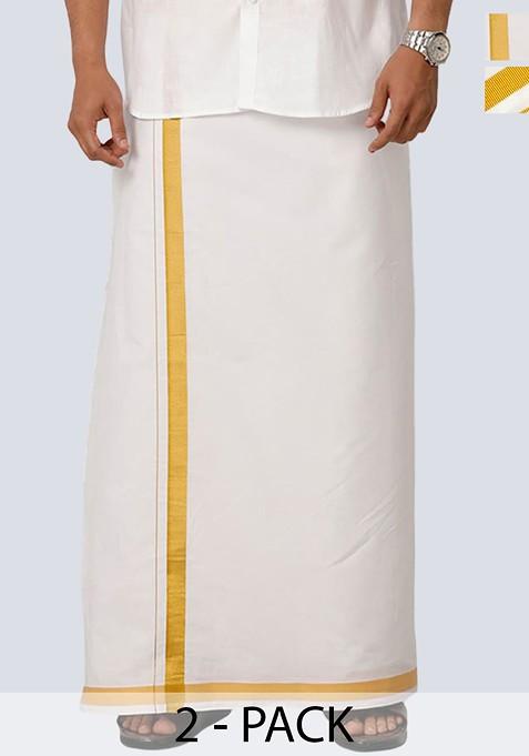 White Pack Of 2 Cotton White Solid Gold Zari Border Single Layer Dhoti For Men