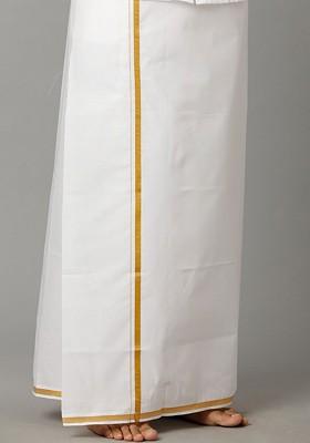 White Pure Cotton Zari Border Dhoti For Men