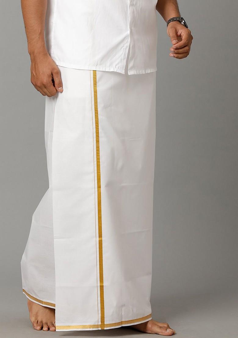 White Pure Cotton Zari Border Dhoti For Men - Indya