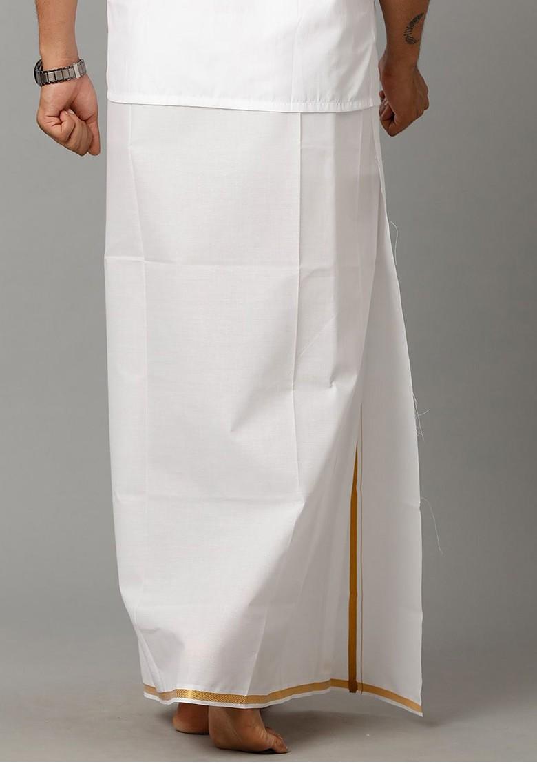 White Pure Cotton Zari Border Dhoti For Men