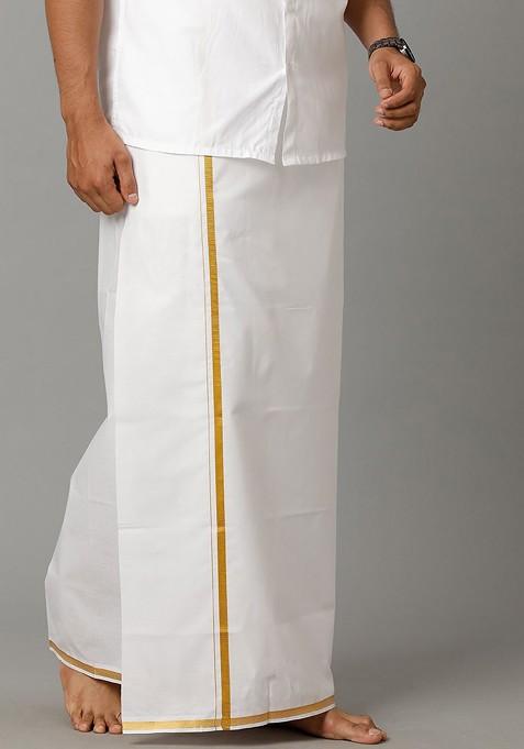 White Pure Cotton Zari Border Dhoti For Men