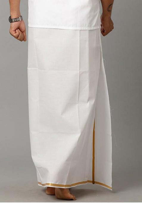 White Pure Cotton Zari Border Dhoti For Men