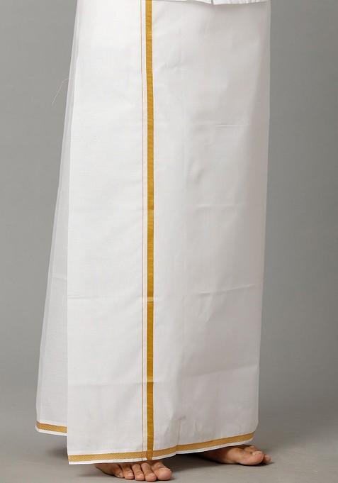 White Pure Cotton Zari Border Dhoti For Men