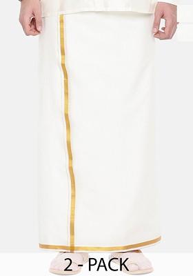 White Pack Of 2 Cotton Single Layer Dhoti With Zari Border For Men