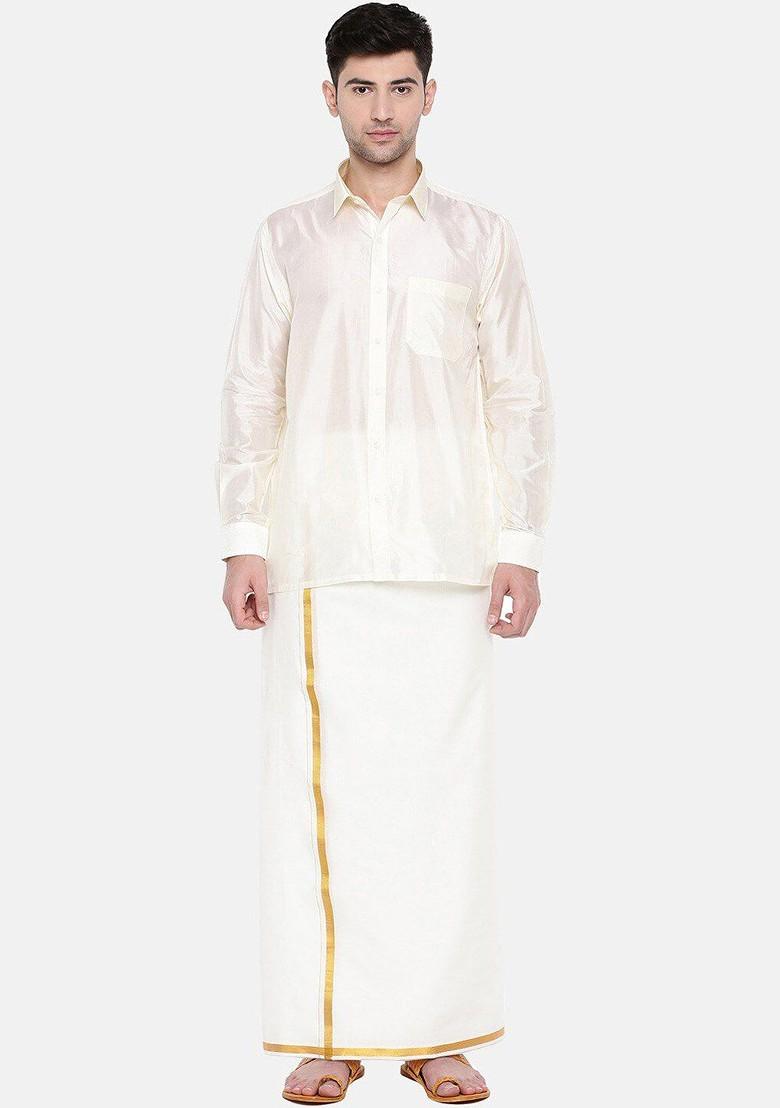 White Pack Of 2 Cotton Single Layer Dhoti With Zari Border For Men - Indya