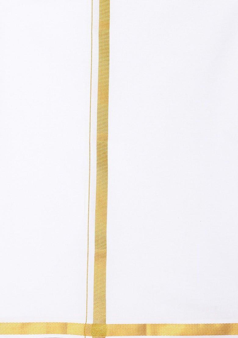 White Pack Of 2 Cotton Single Layer Dhoti With Zari Border For Men - Indya