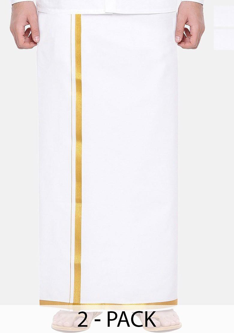 White Cotton Pack Of 2 White Solid Gold Jari Border Single Layer Dhoti For Men