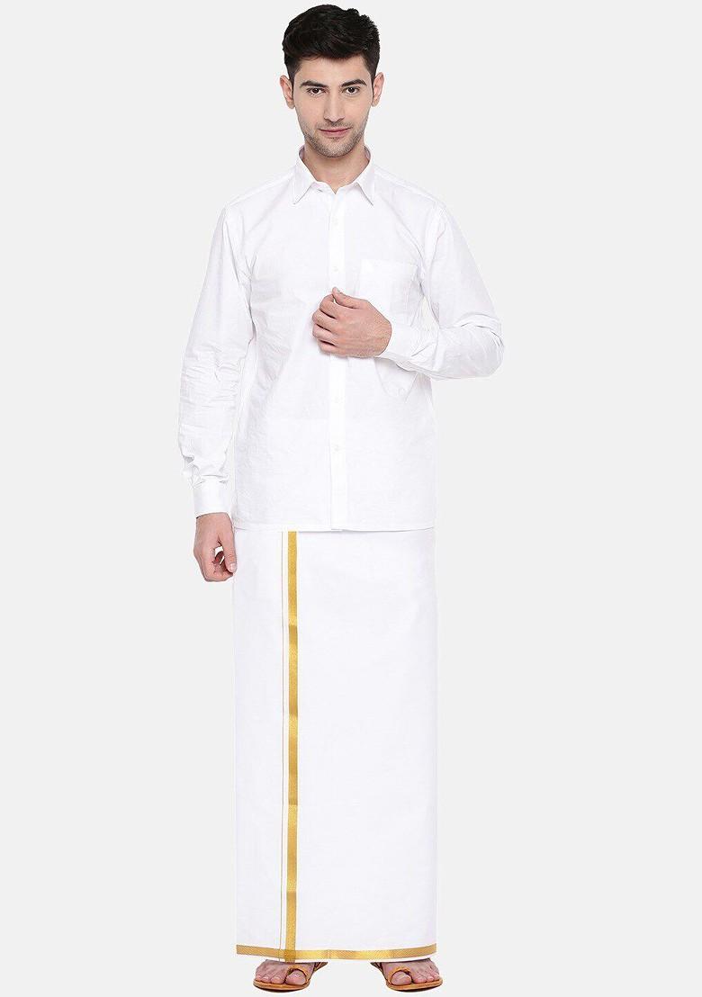 White Cotton Pack Of 2 White Solid Gold Jari Border Single Layer Dhoti For Men