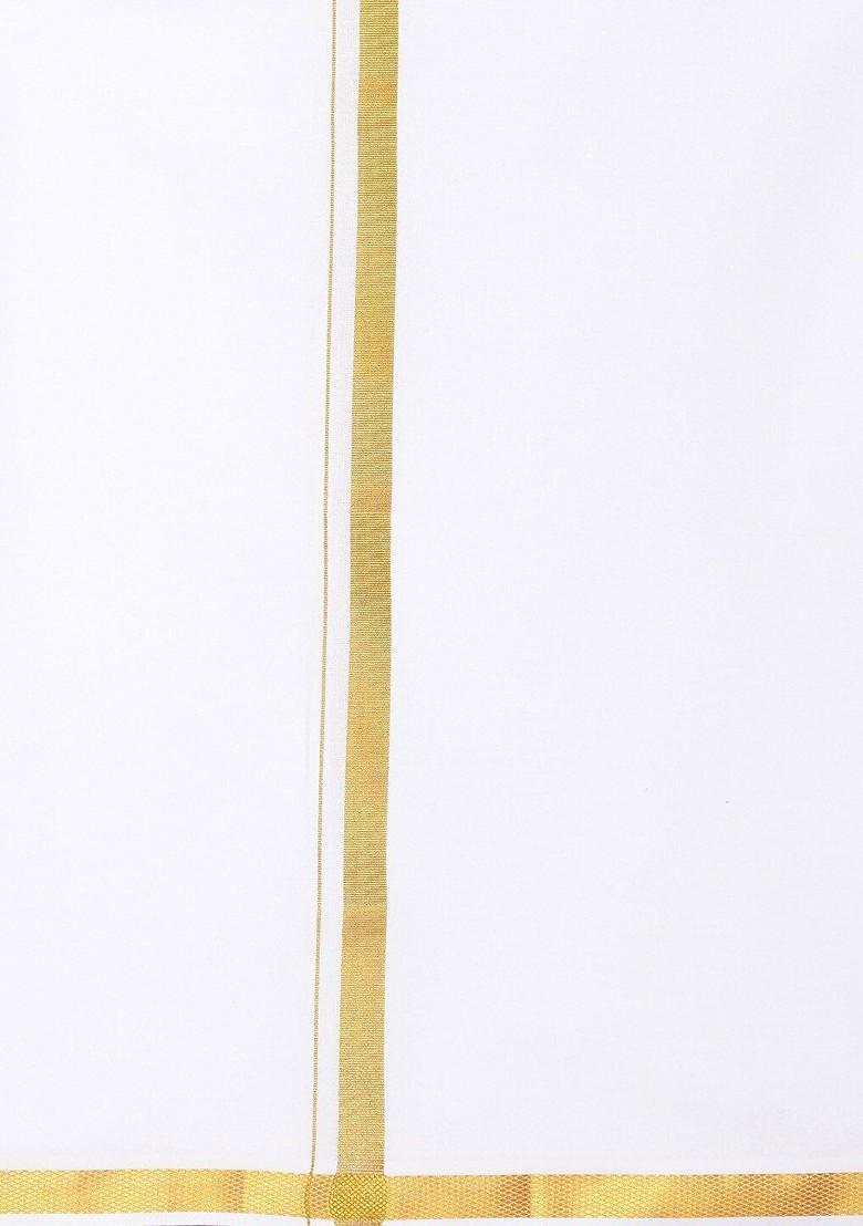 White Cotton Pack Of 2 White Solid Gold Jari Border Single Layer Dhoti For Men