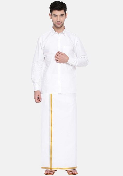 White Cotton Pack Of 2 White Solid Gold Jari Border Single Layer Dhoti For Men