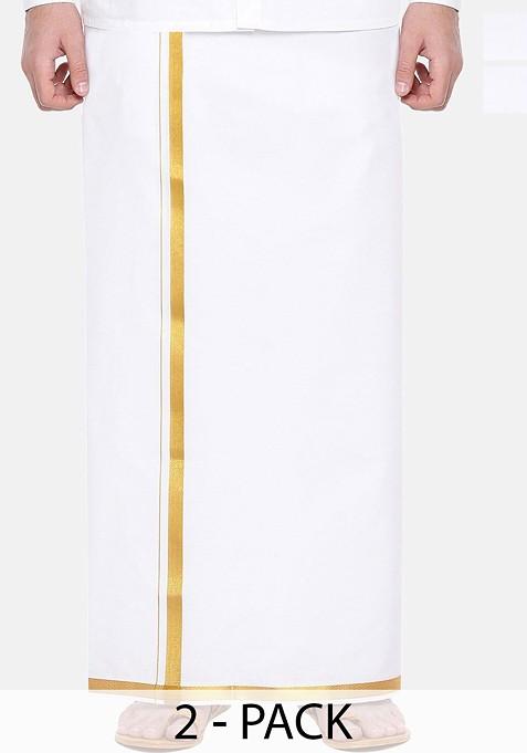 White Cotton Pack Of 2 White Solid Gold Jari Border Single Layer Dhoti For Men