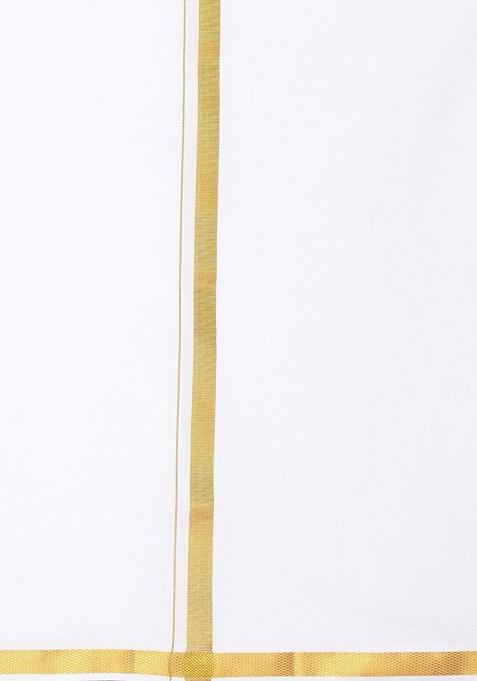 White Cotton Pack Of 2 White Solid Gold Jari Border Single Layer Dhoti For Men