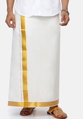 White Cotton Cream Solid Gold Jari Border Single Layer Dhoti For Men