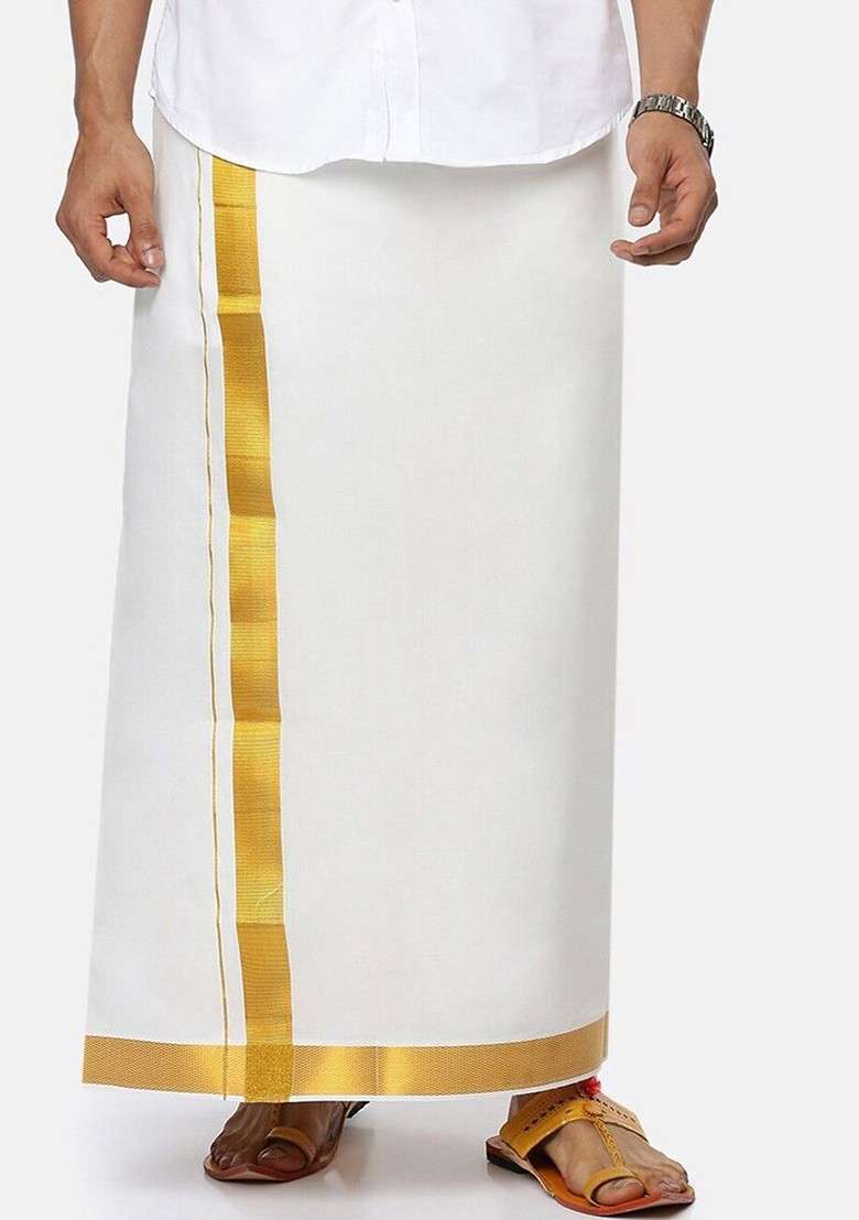 White Cotton Cream Solid Gold Jari Border Single Layer Dhoti For Men - Indya