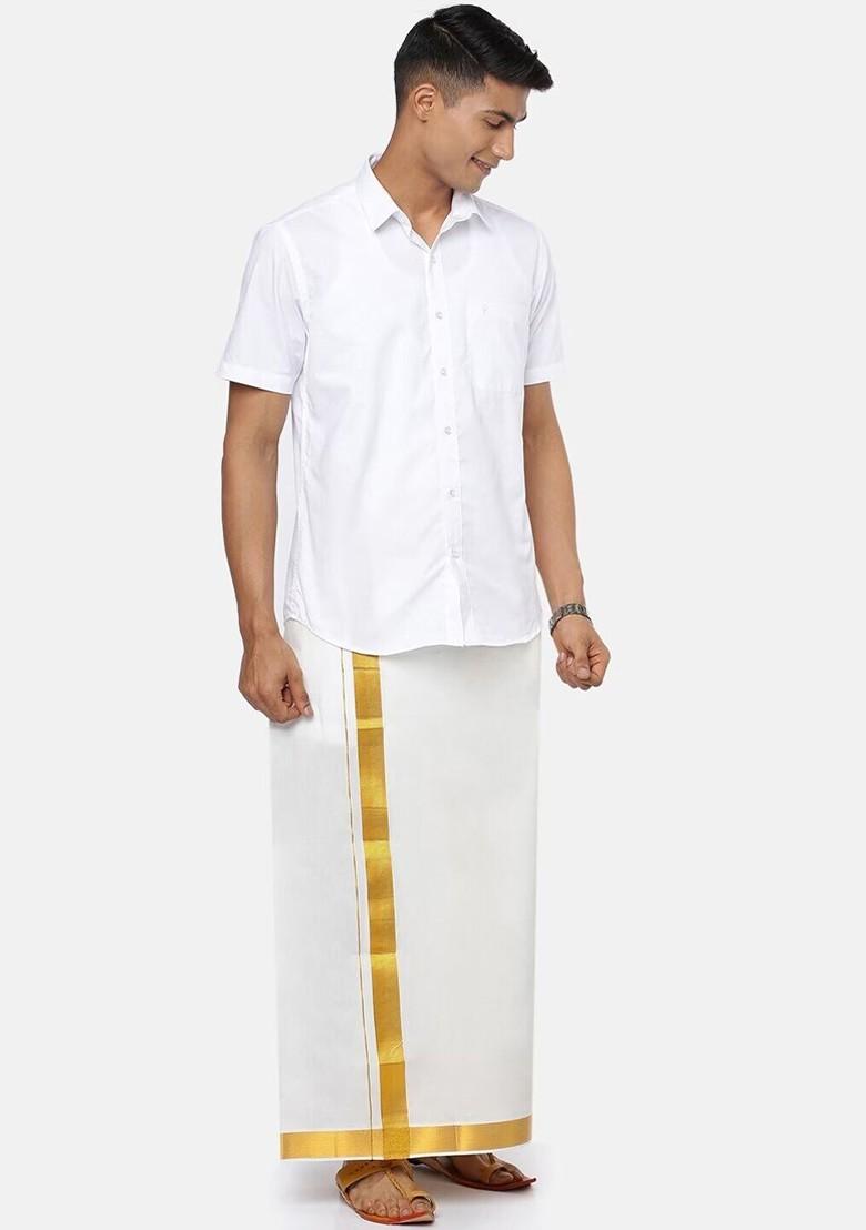 White Cotton Cream Solid Gold Jari Border Single Layer Dhoti For Men - Indya