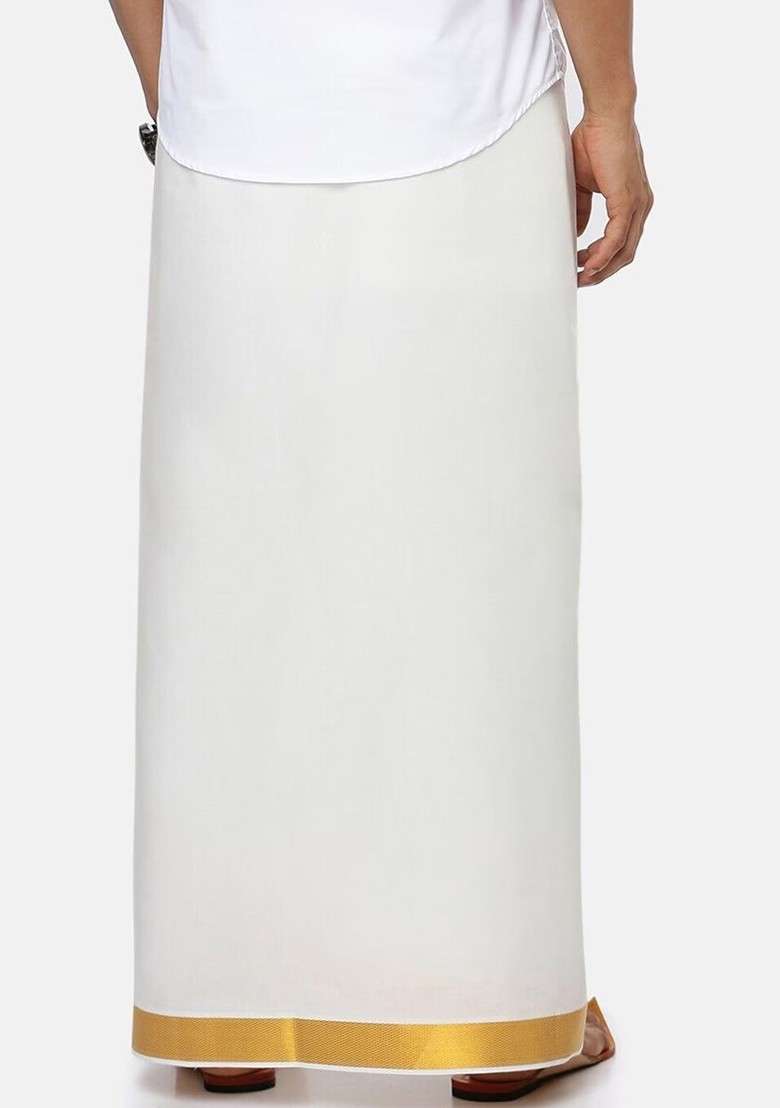 White Cotton Cream Solid Gold Jari Border Single Layer Dhoti For Men - Indya