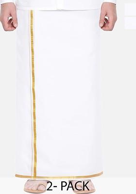 White Pack Of 2 Pure Cotton Dhotis With Gold Zari Border For Men