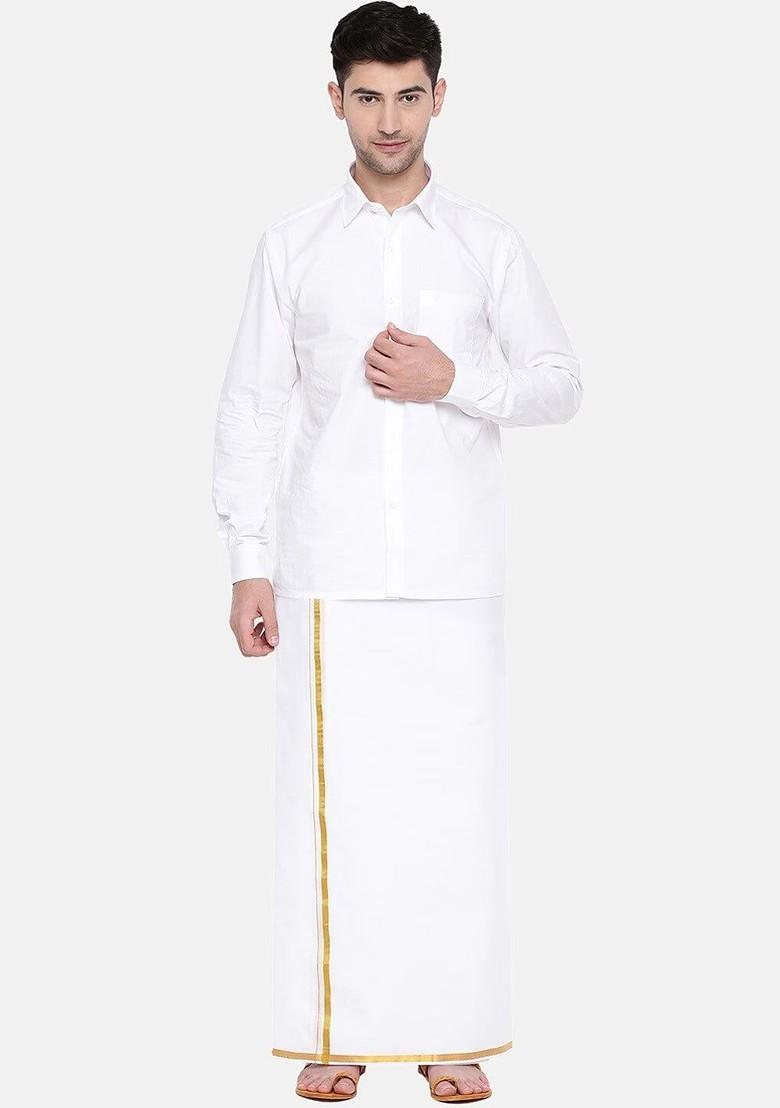 White Pack Of 2 Pure Cotton Dhotis With Gold Zari Border For Men - Indya