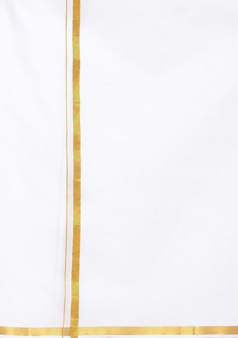 White Pack Of 2 Pure Cotton Dhotis With Gold Zari Border For Men - Indya