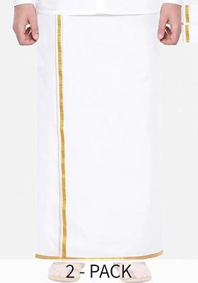 White Pack Of 2 Pure Cotton Dhotis With Zari Border For Men