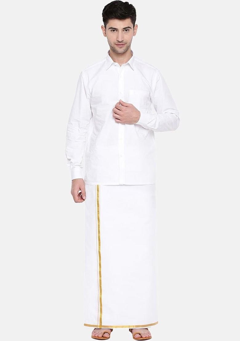 White Pack Of 2 Pure Cotton Dhotis With Zari Border For Men - Indya