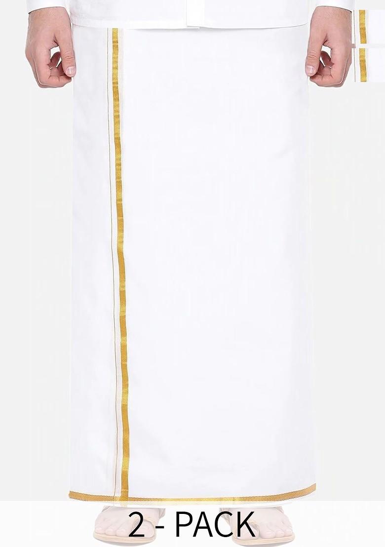 White Pack Of 2 Pure Cotton Dhotis With Zari Border For Men - Indya